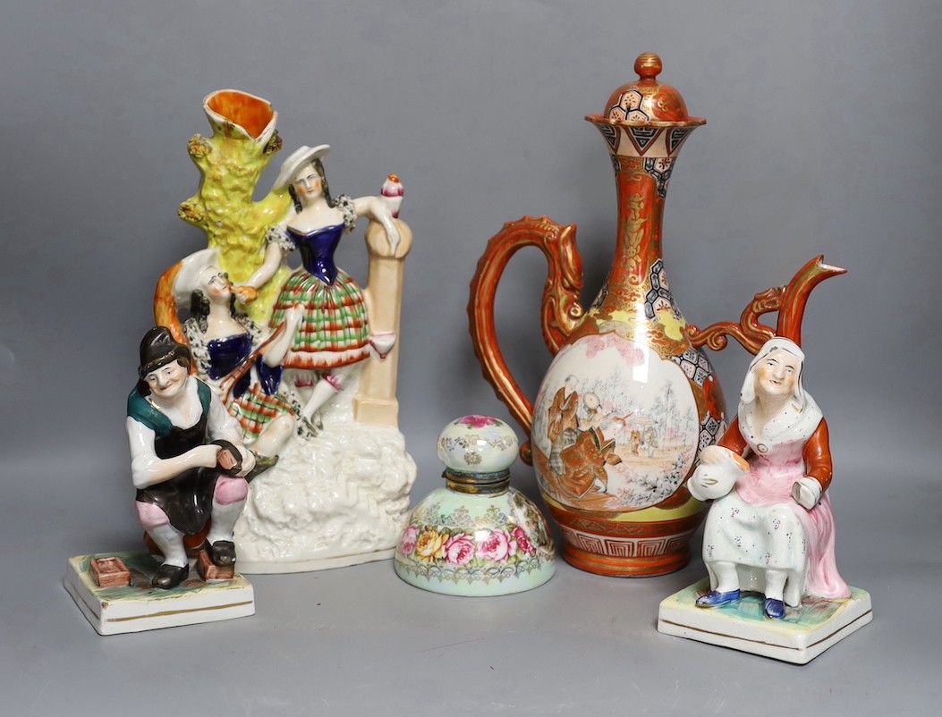 A Victorian Staffordshire flatback group, a pair of Staffordshire figures, an inkwell and a Japanese kutani coffee pot 32cm